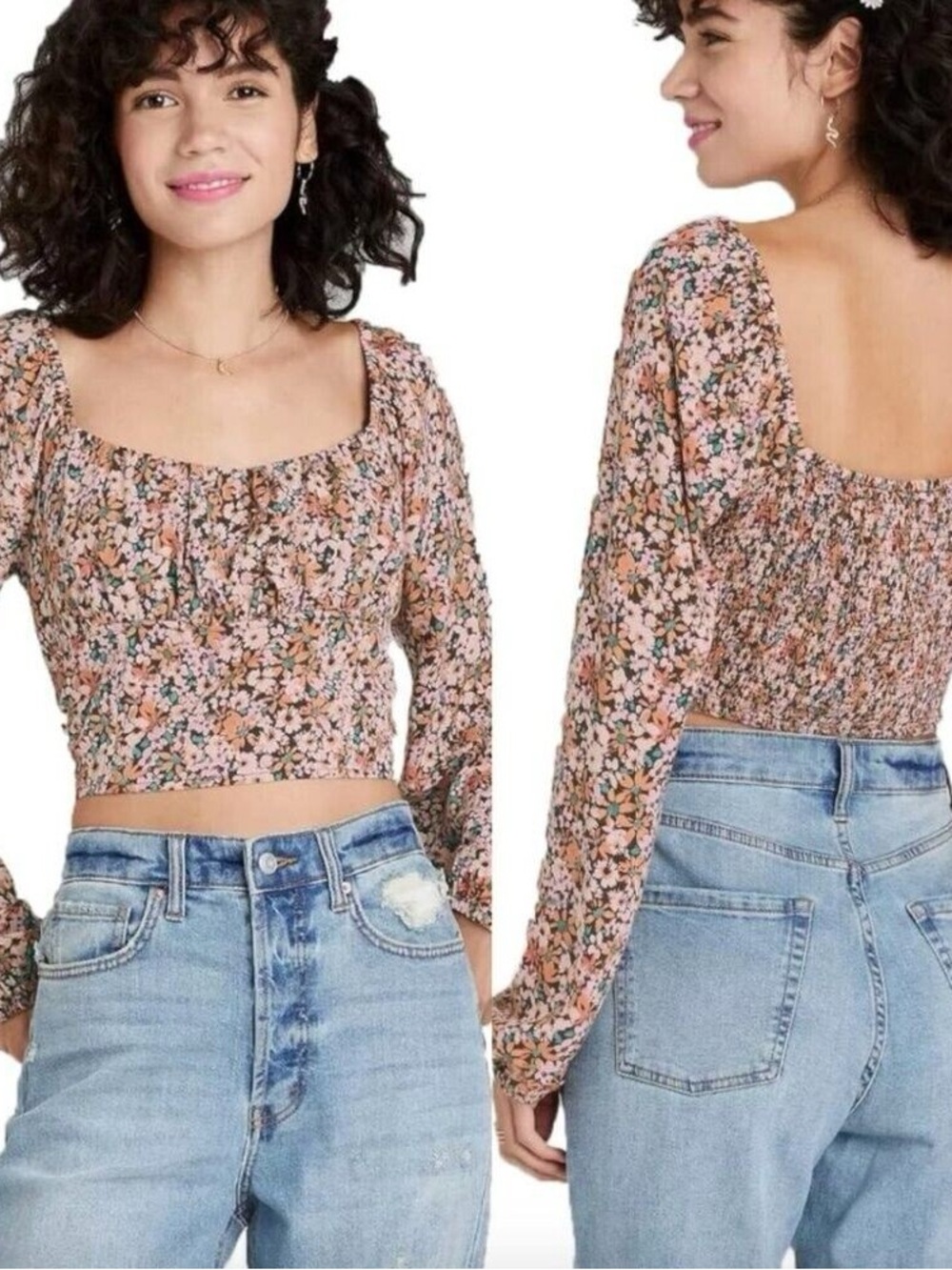 Floral Square-Neck Smocked Crop Top - Pink
